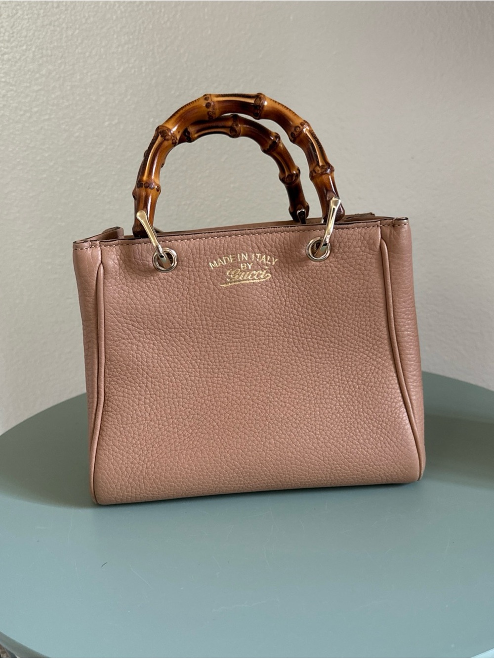 Gucci Pebbled Leather Bamboo-Handle Satchel in Dusty Rose/nude